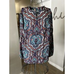 Talbots Top Womens Blue Paisley Long Sleeve‎ Flowy Boho Peasant Size Large